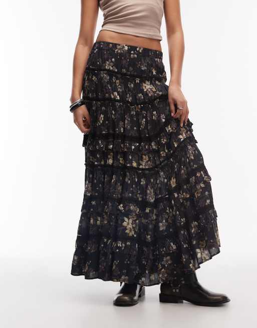 AllSaints talia floral tiered maxi skirt in black, 4 of 5