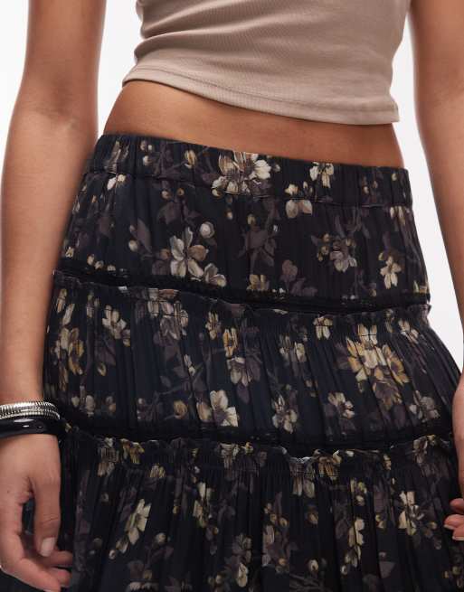 AllSaints – Talia – Svart, blommig, panelsydd maxikjol, 5 av 5