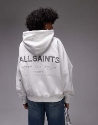 AllSaints - Talon Underground - Kapuzenpullover in Weiß mit Pailletten-Logo