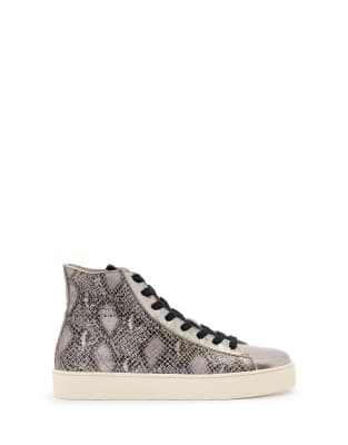 AllSaints - Tana - High Top Metallic-Sneaker in Silber/Schwarz-Grau