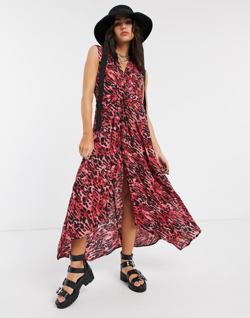 AllSaints tate ambient leopard print maxi dress in red | ASOS