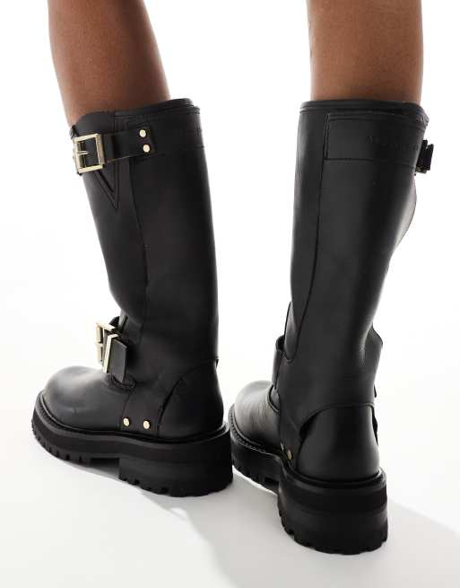 AllSaints Tay Bikerstiefel aus Leder in Schwarz mit Schnallen