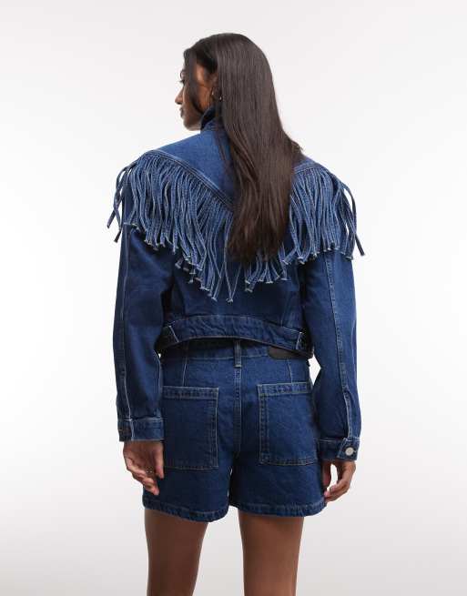 AllSaints Tay co-ord western high waisted denim shorts in dark wash blue, 4 of 5