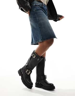  Tay leather buckle biker boots  - BLACK