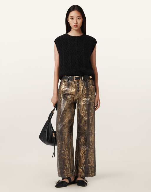 AllSaints - Tay - Metallic jeans met slangenprint in goud en bruin, 3 van 4