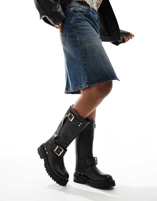 AllSaints - Tay - Stivali biker in pelle nera con fibbia