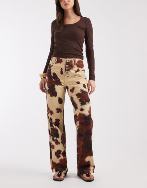 AllSaints tay wide leg cow print carpenter jean in cream