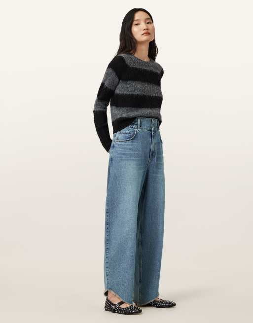 AllSaints – Taylor – Ausgefranste Jeans in hellem Indigoblau