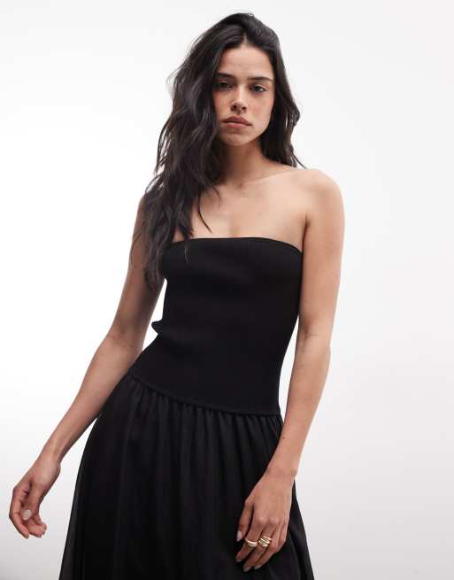 AllSaints Tegan bandeau ribbed ruched midi dress in black, 2 of 4