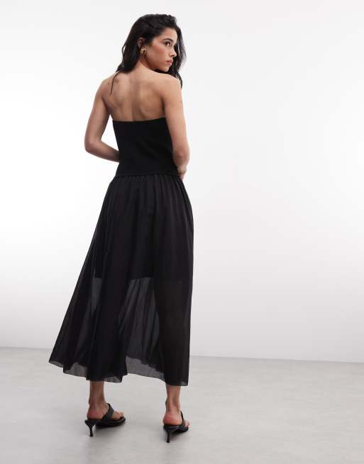 AllSaints Tegan bandeau ribbed ruched midi dress in black, 4 of 4