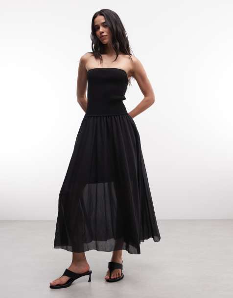 AllSaints – Tegan – Svart, ribbad midiklänning med bandeau-ringning och rysch - view 1