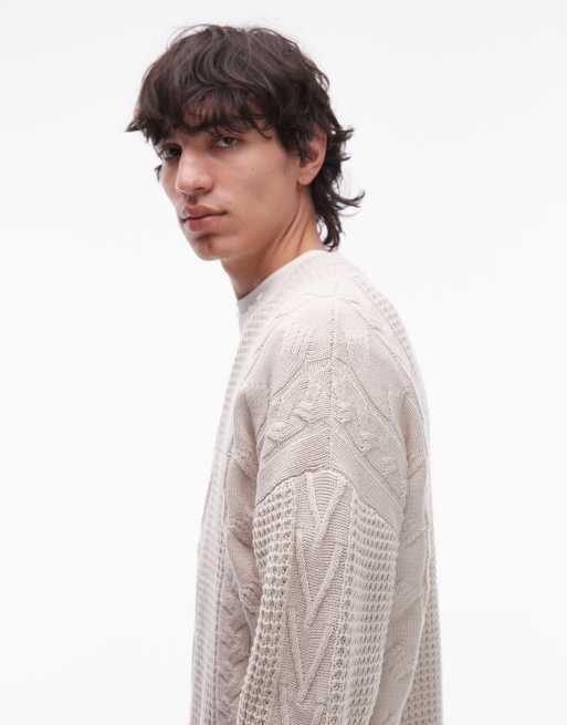 AllSaints – Tenter – Kremowy sweter z warkoczowym splotem i okrągłym dekoltem, 4 z 5