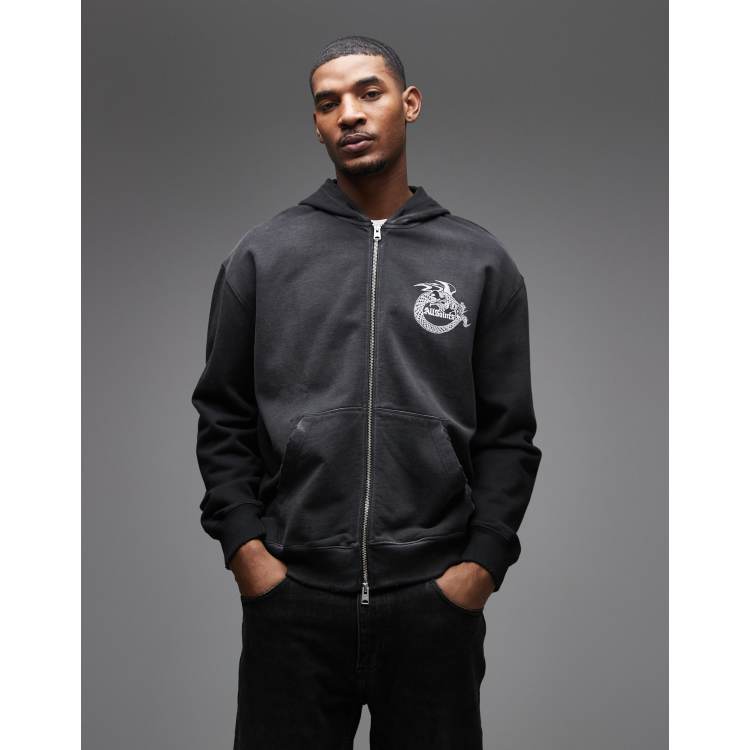 AllSaints Terra zip up graphic logo hoodie in washed black | ASOS
