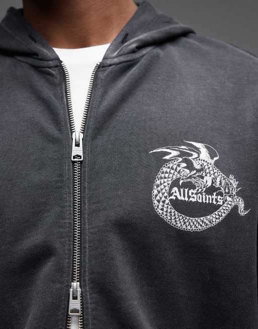 AllSaints Terra zip up graphic logo hoodie in washed black | ASOS