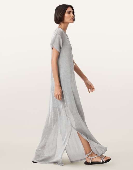 AllSaints – Thea – Glitzerndes Kleid in Metallic-Silber
