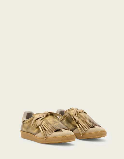 AllSaints – Thelma – Schuhe in Antikgold mit Fransen