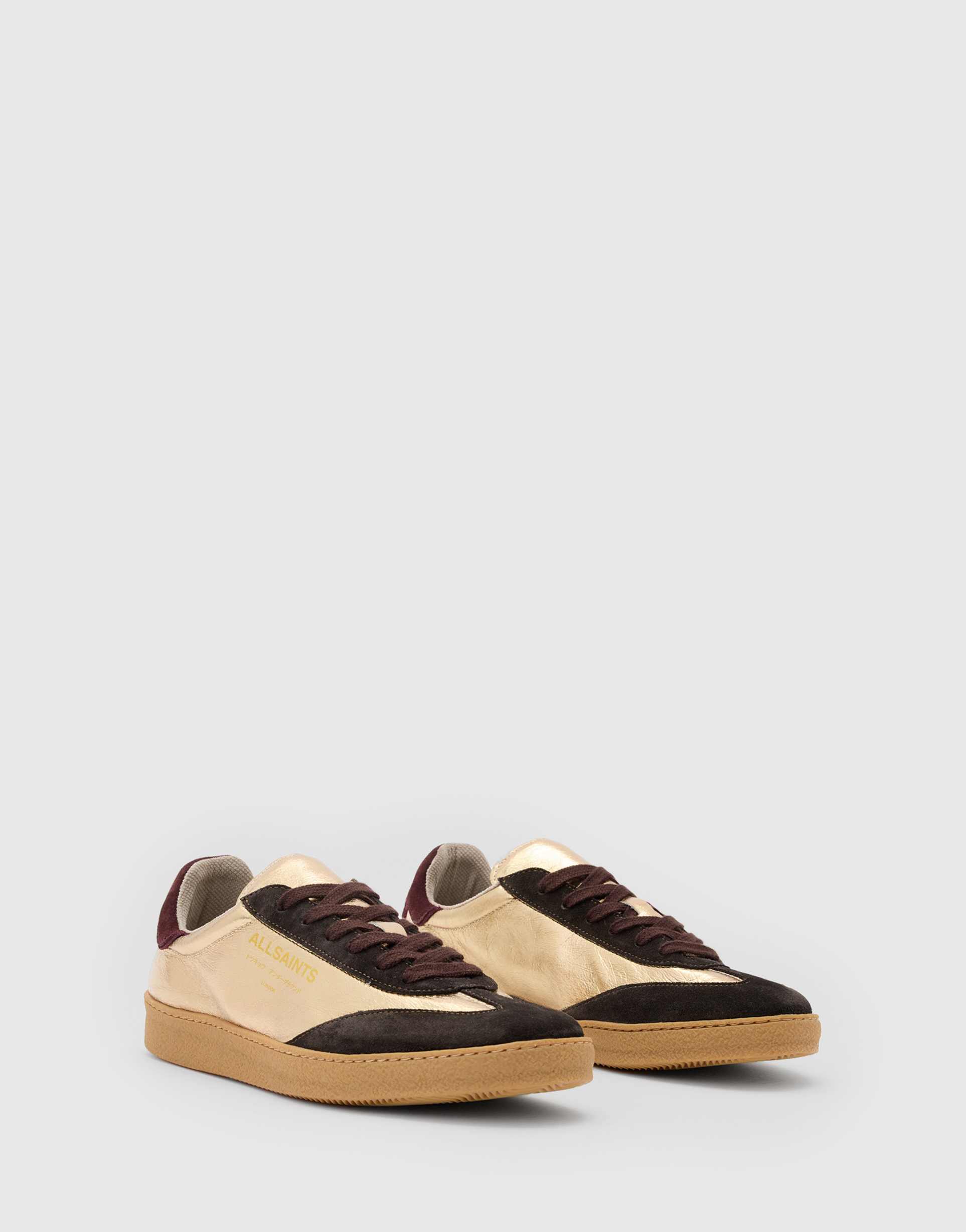 allsaints thelma suede sneakers in gold & brown
