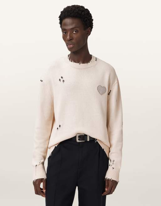 AllSaints – Theo – Pullover in Ecru mit Rundhalsausschnitt