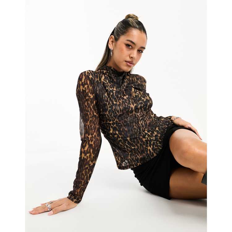 AllSaints Tia Antia mock neck long sleeve mesh top in leopard