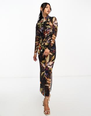 AllSaints AllSaints Tia Tippi long sleeve mock neck midi dress in rust brown