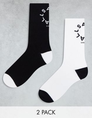 AllSaints Tierra 2 pack socks in black and white