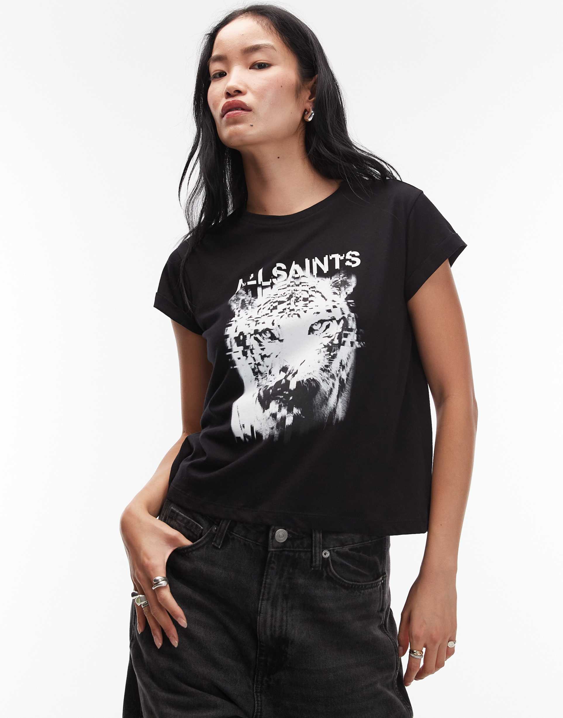 allsaints tiger graphic t-shirt in black