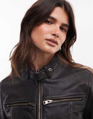 AllSaints Tiggy leather biker jacket with racer stripes and zip details in black