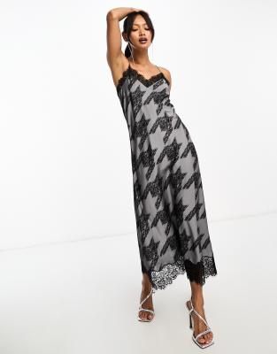 AllSaints Tigi Toni printed satin slip midi dress in grey