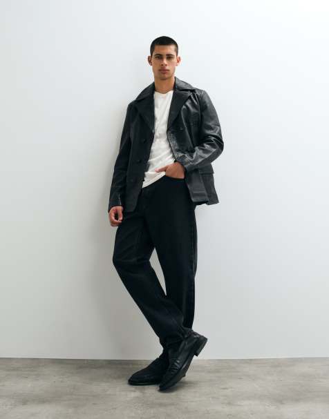 AllSaints Tilson lambs leather collared peacoat in black - view 1