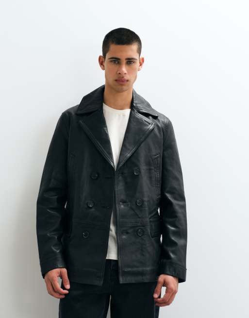 AllSaints Tilson lambs leather collared peacoat in black, 2 of 5