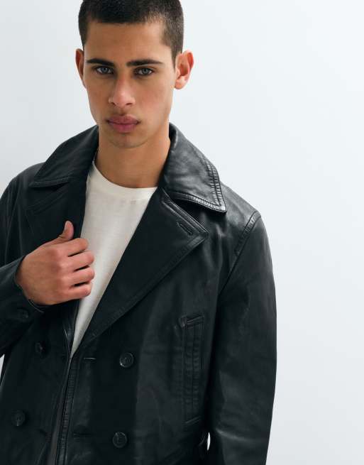 AllSaints Tilson lambs leather collared peacoat in black, 3 of 5