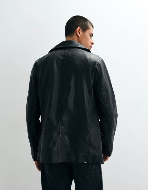 AllSaints Tilson lambs leather collared peacoat in black, 4 of 5