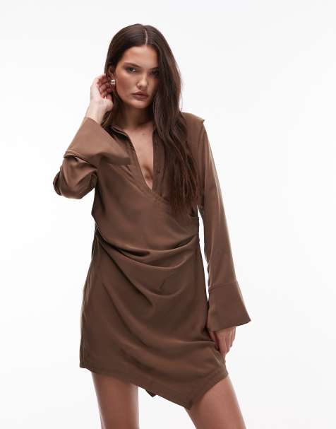 Allsaints Tira mini shirt dress in brown 