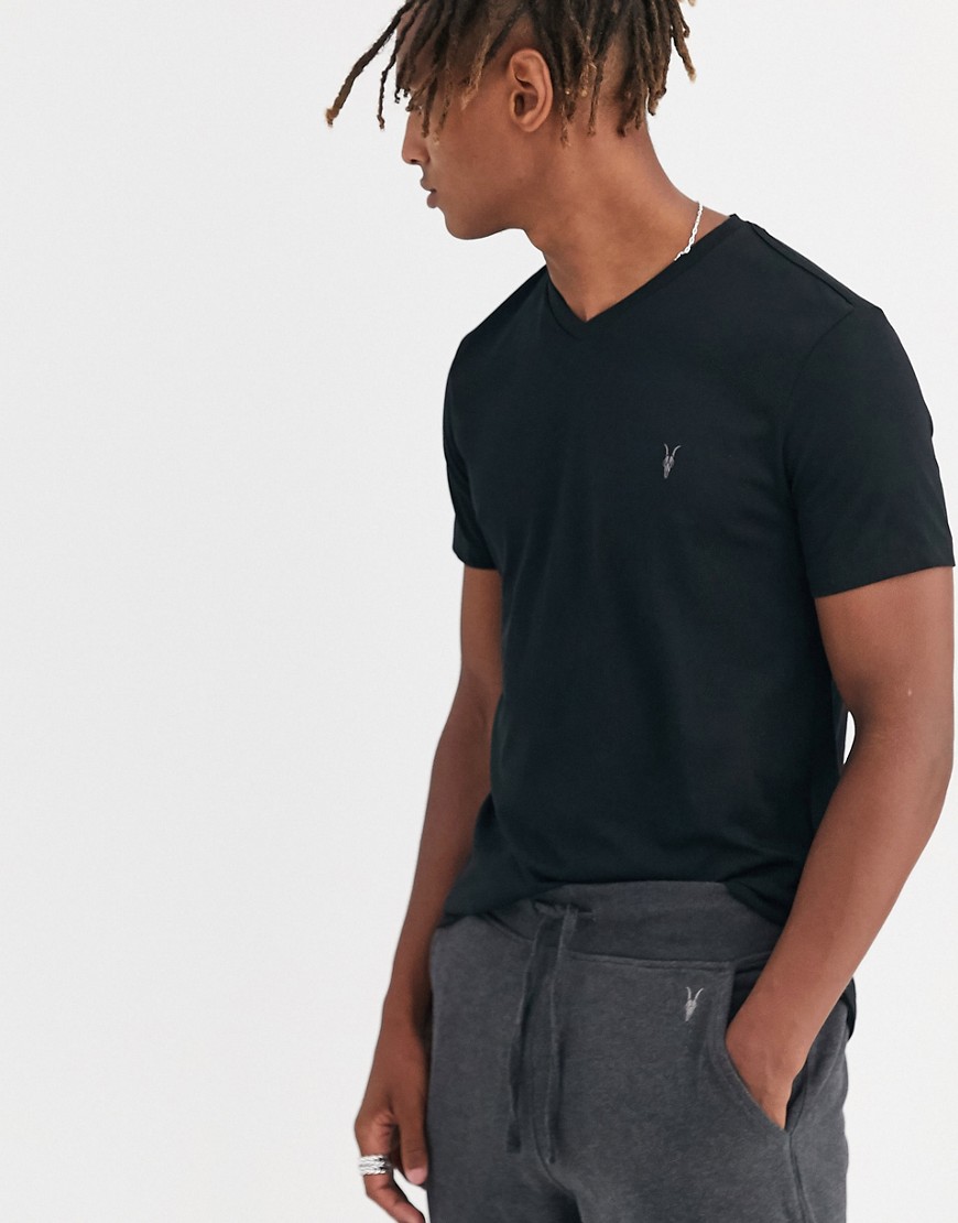 AllSaints - Ton-sur-ton T-shirt met V-hals en ramskop-logo in zwart