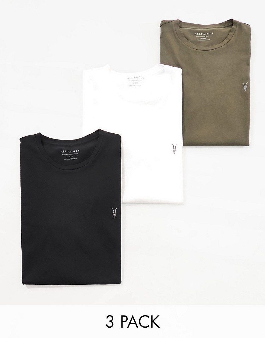 AllSaints Tonic 3 pack crew t-shirts in green, white and black-Multi