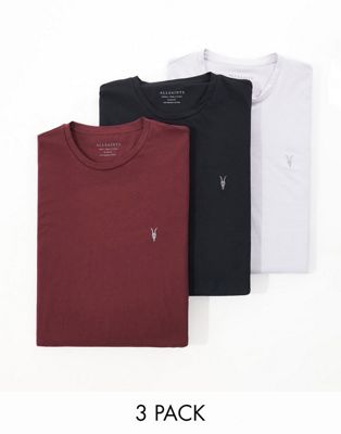 AllSaints Tonic 3 pack crew t-shirts in red, grey and black