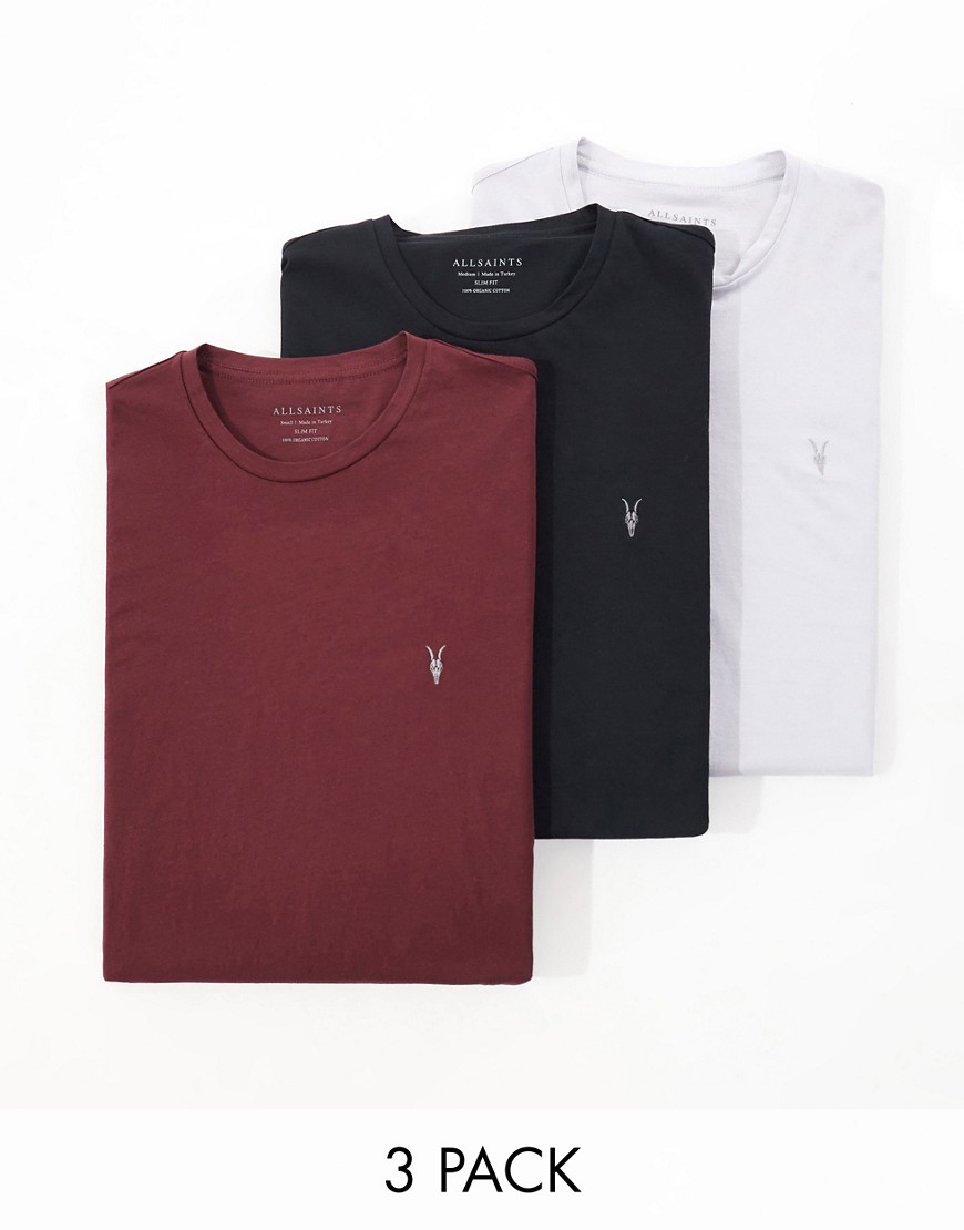 AllSaints Tonic 3 pack crew t-shirts in red, grey and black-Multi