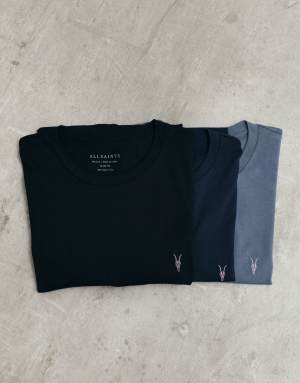 AllSaints Tonic 3 pack short sleeve logo t-shirts in light blue, navy and black