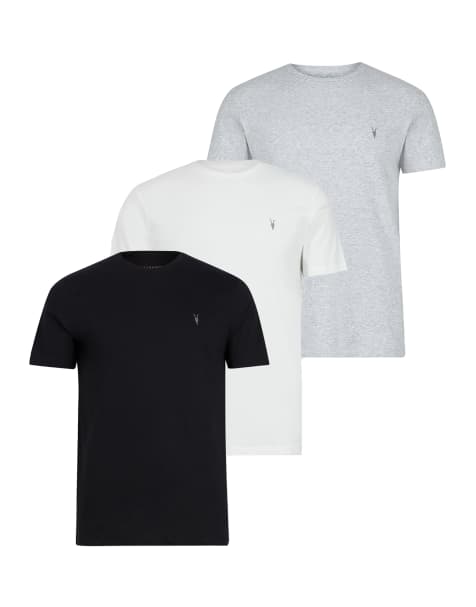 AllSaints – Tonic – 3er-Pack kurzärmlige T-Shirts in Optischweiß/Schwarz/Grau mit Rundhalsausschnitt - view 1