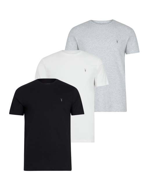 AllSaints – Tonic – 3er-Pack kurzärmlige T-Shirts in Optischweiß/Schwarz/Grau mit Rundhalsausschnitt