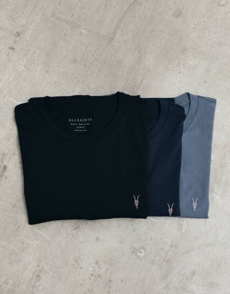 AllSaints Tonic 3er-Pack T-Shirts mit kurzen Ärmeln und Logo in Hellblau, Marineblau und Schwarz - view 1