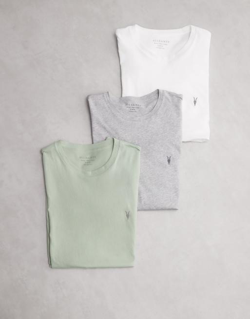 AllSaints - Tonic - Pack de 3 camisetas de color verde, blanco y gris de manga corta con logo