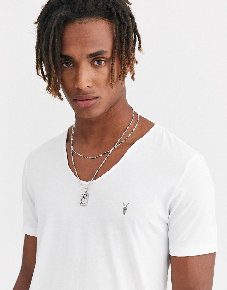 AllSaints – Tonic – Vit t-shirt med djup halsringning och skalle