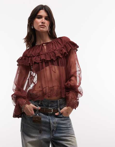 AllSaints - top de encaje con volantes y manga larga Trixie del conjunto en burdeos - view 1