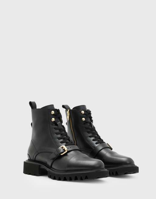 AllSaints – Tori – Czarne, skórzane botki sznurowane