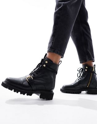 AllSaints Tori leather lace up buckle boot in black - ASOS Price Checker