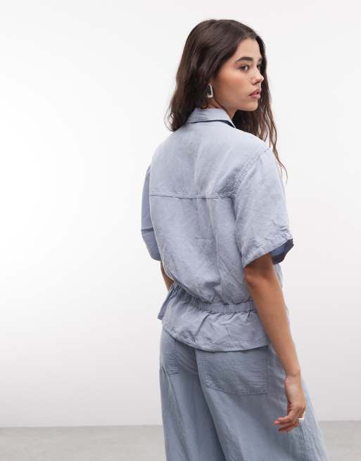 AllSaints Tove co-ord short sleeve distressed denim shirt in light blue, 4 of 4