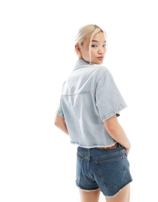 AllSaints - Tove - Cropped denimskjorte i lyseblå i firkantet pasform, 4 af 4