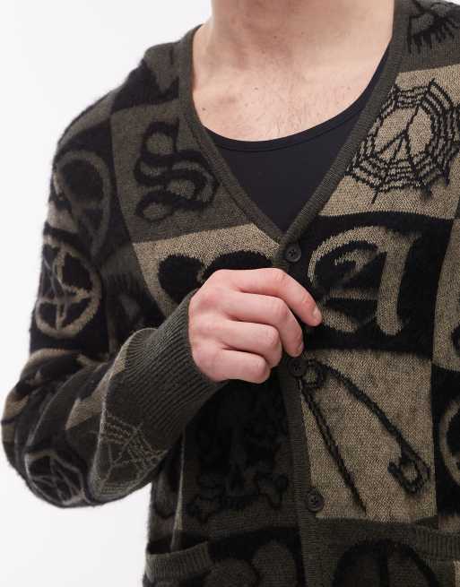 AllSaints - Travis - Cardigan in maglia verde oliva con grafica del logo della pace, 5 di 5