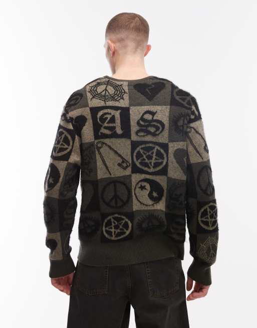 AllSaints - Travis - Olivengrøn strikket cardigan med grafisk peace-logo, 3 af 5